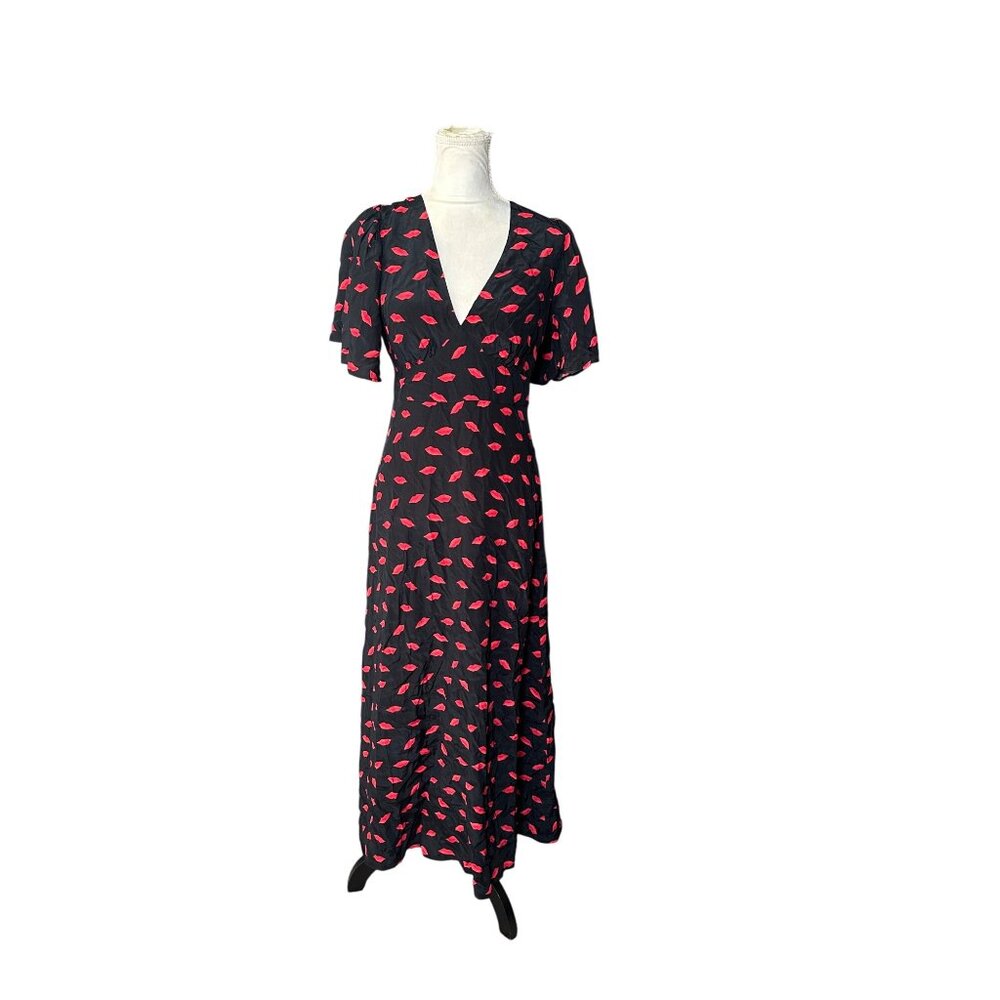 A New Day Womens V-Neck Dress Black With Red Lip Print Size 14